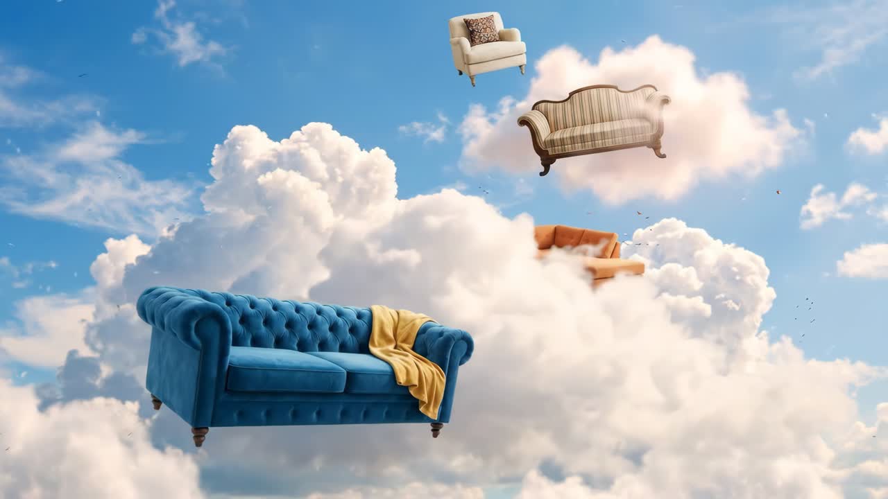 Vari divani e poltrone che fluttuano in un cielo blu sognante con nuvole