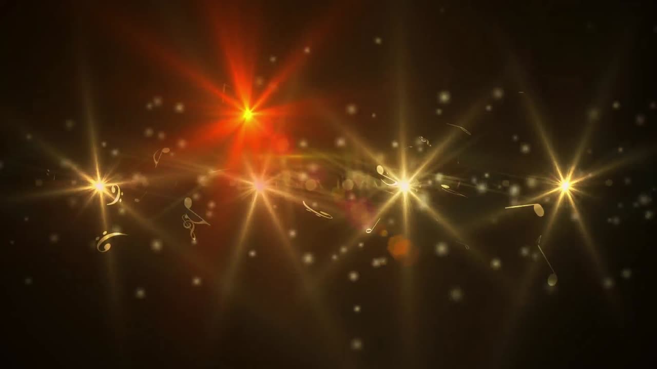 animación de múltiples focos brillantes que giran con notas de música sobre un fondo negro