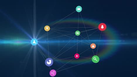 red de iconos digitales contra el punto de luz y el destello de la lente contra un fondo azul