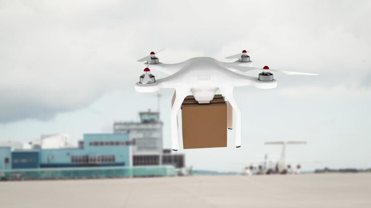 Animasjon av leveringsdrone mot et lasteskip