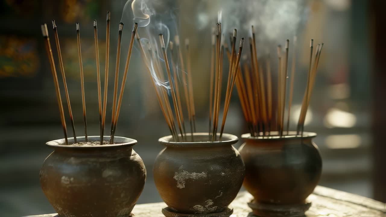Smoke rising from burning incense sticks nestled in dark pots, weaving serene atmosphere of spiritual contemplation and ancient ritual meditation