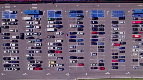 drone aerial footage top down view of a large supermarket parking lot