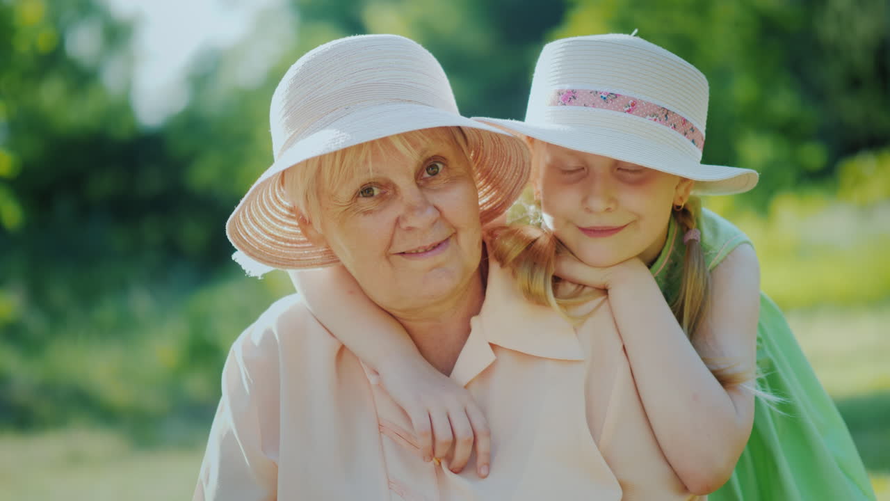 카메라 4k 비디오를 보고 웃는 손녀와 함께 행복한 노부인의 초상화