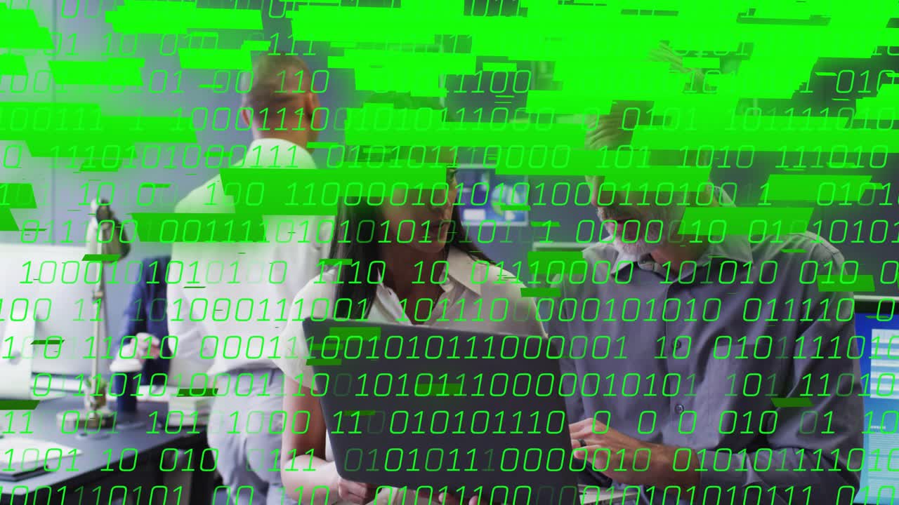 Office team holding laptop male pointing checking report coworker passing file green code covering