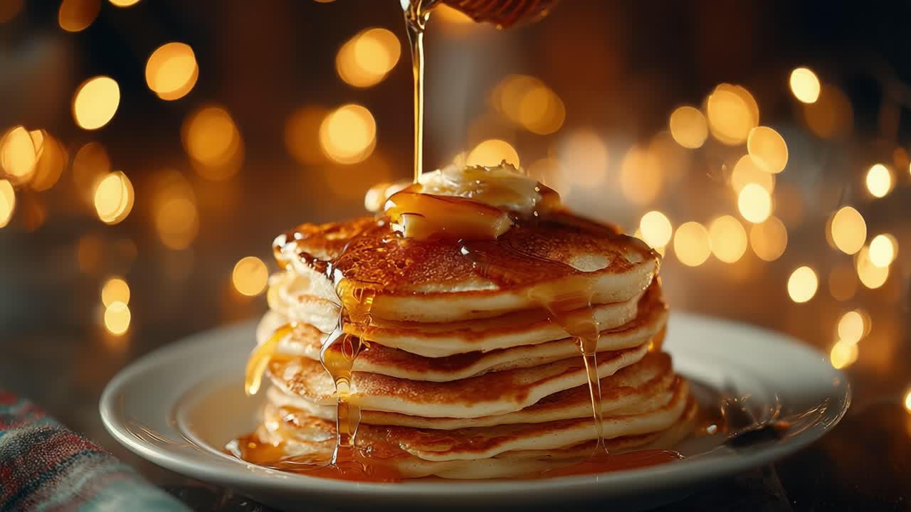 Delicious Stack of Fluffy Pancakes Drizzled with Golden Syrup, Emanating Warmth Against a Sparkling Bokeh Background, Perfect for Breakfast and Indulgence