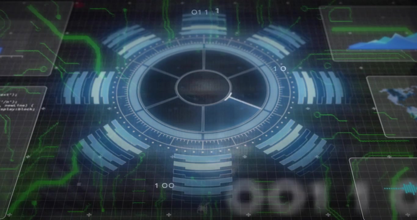Animation of futuristic digital interface with circular data and binary code in school