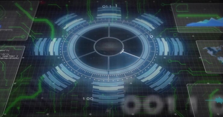 Animation af futuristisk digital grænseflade med cirkulære data og binær kode i skole.