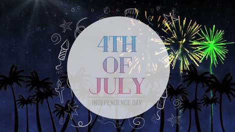 4th of july text and silhouette of palm trees with fireworks