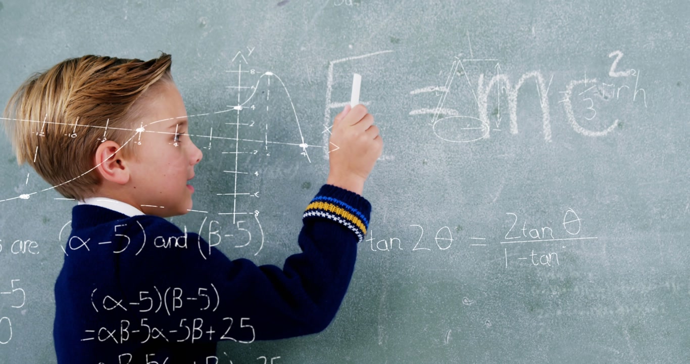 Animation of math formulas over caucasian boy writing on blackboard