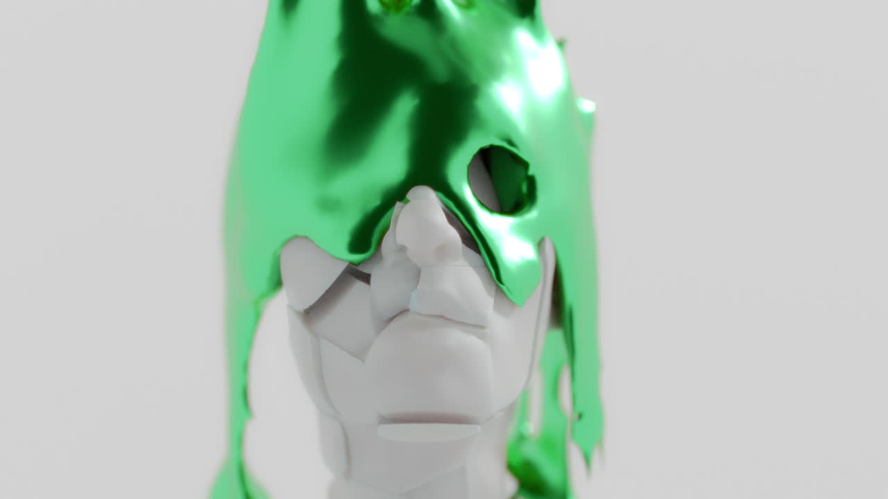 An amethyst-like liquid metal flows slowly on the sculpture