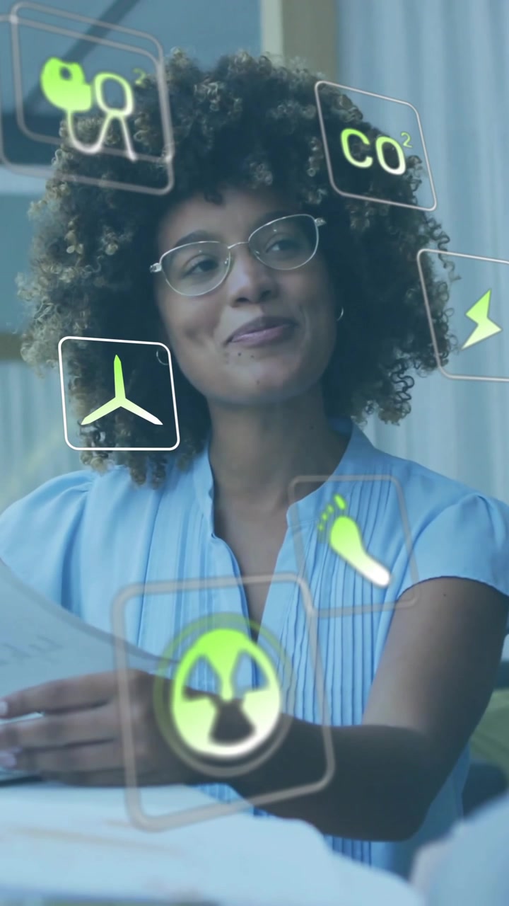 Animation of eco icons and data processing over diverse business people in office