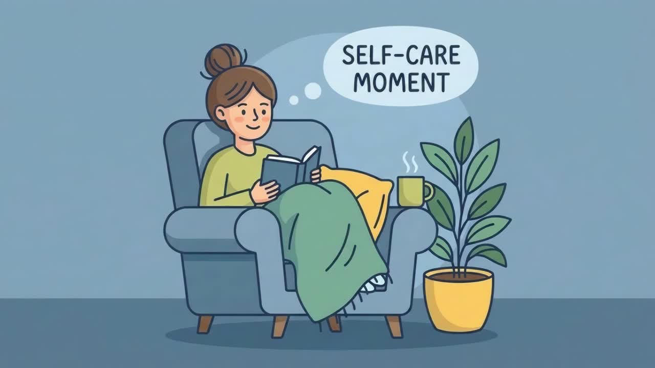 Illustrazione di una donna che si gode un momento di self-care leggendo su una poltrona