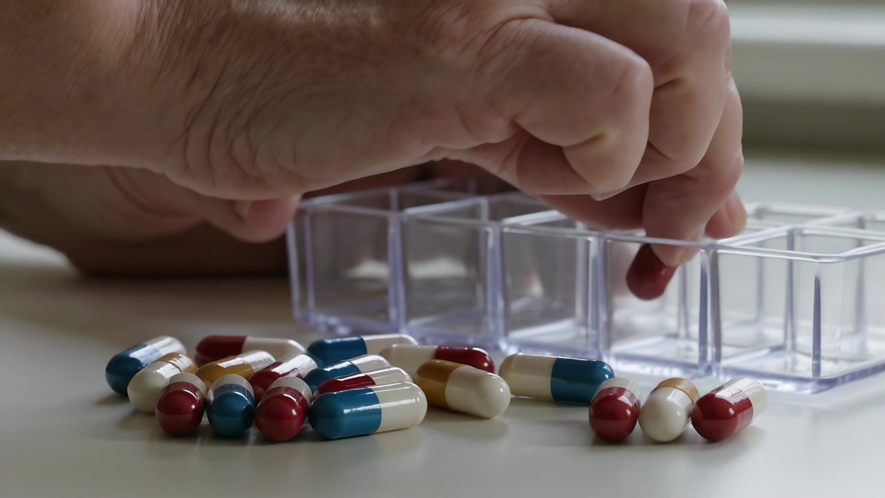 Viendo pastillas sueltas, manos de una persona mayor se extienden, las recogen y las colocan sobre una mesa junto a la ventana, llenando un pastillero.
