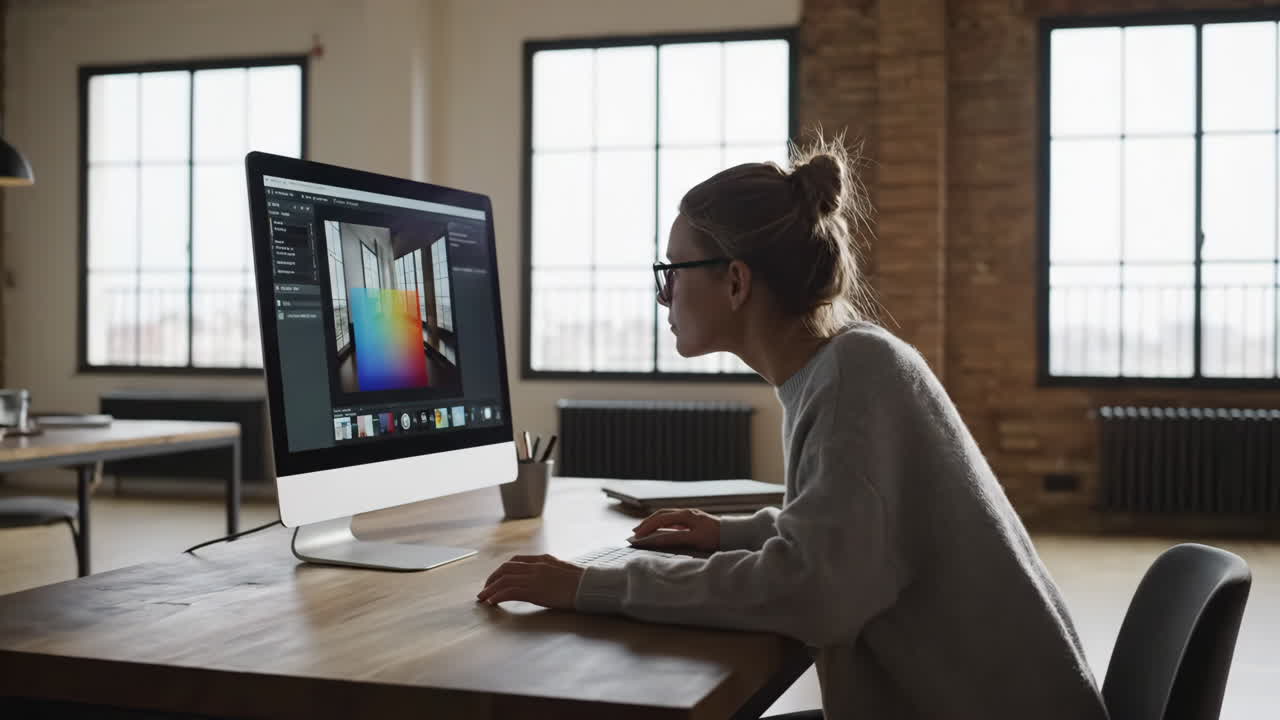 현대적 인 사무실 에서 컴퓨터 를 사용 하는 여자