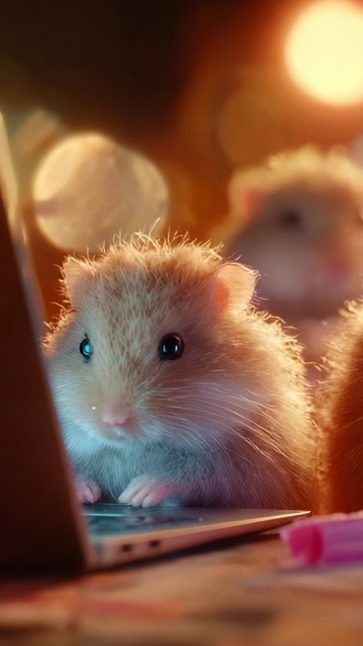 Curious Hamster Engaged with Laptop, Captivated by the Screen's Glow, Creating an Adorable and Playful Scene with Soft Bokeh Background Lights