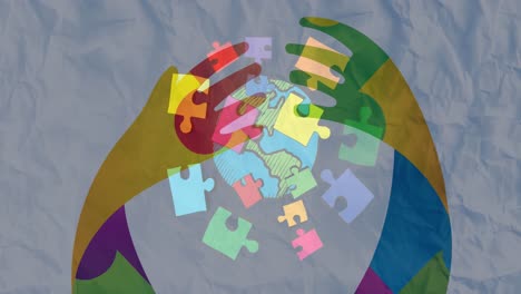 Animation-of-autism-awareness-puzzles-over-globe-on-crumpled-paper-background