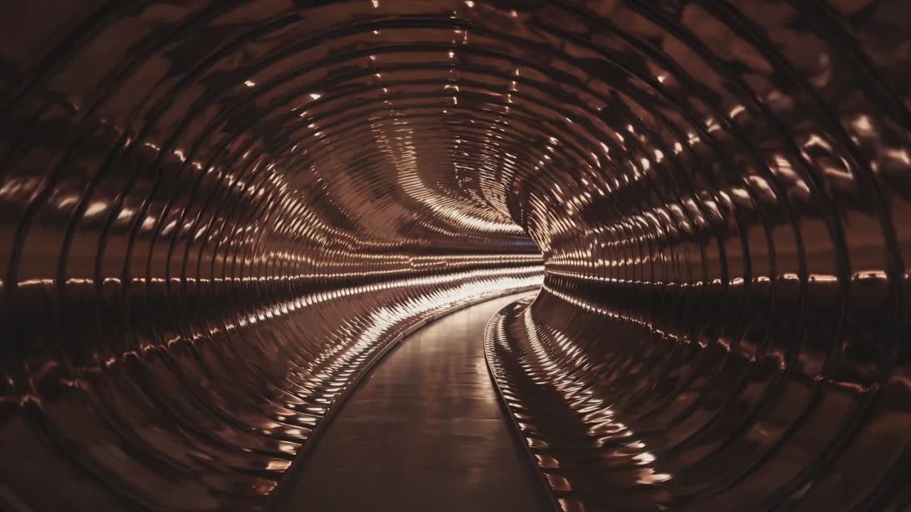 Reflective metallic tunnel creates a mesmerizing visual journey, showcasing the continuous flow of light and texture as the viewer moves deeper into the scene's captivating depths