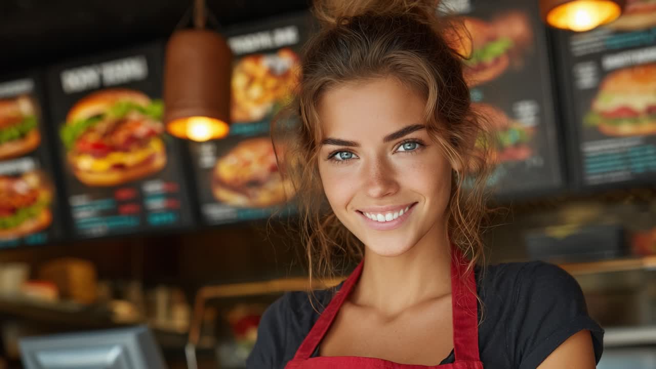 Una giovane donna allegra in un ristorante, che sorride radiosa mentre indossa un grembiule, circondata da deliziosi menù con hamburger e altri articoli di fast food