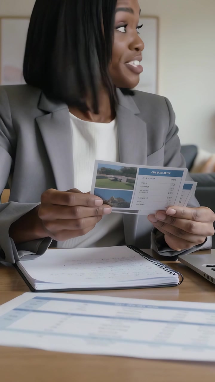 Video verticale: Collega che parla, donna in blazer grigio che legge brochure al tavolo, che condivide una pagina