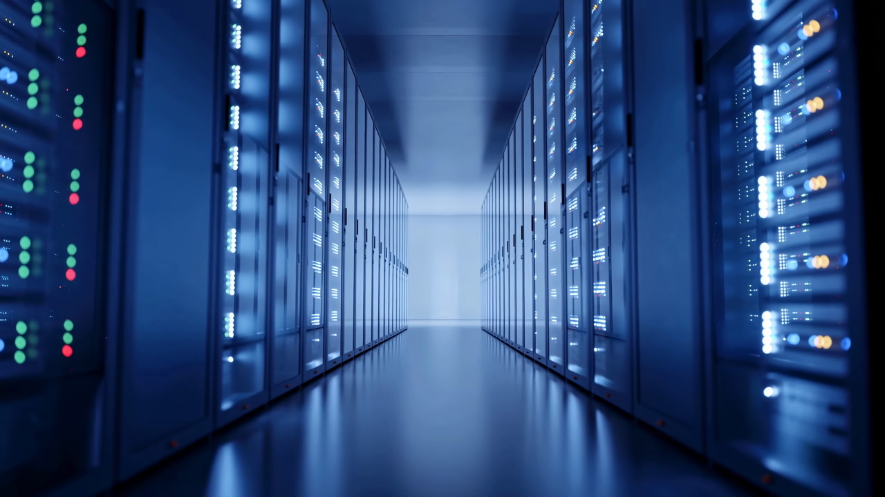 Futuristic Data Center Corridor with Server Racks and Blinking Lights