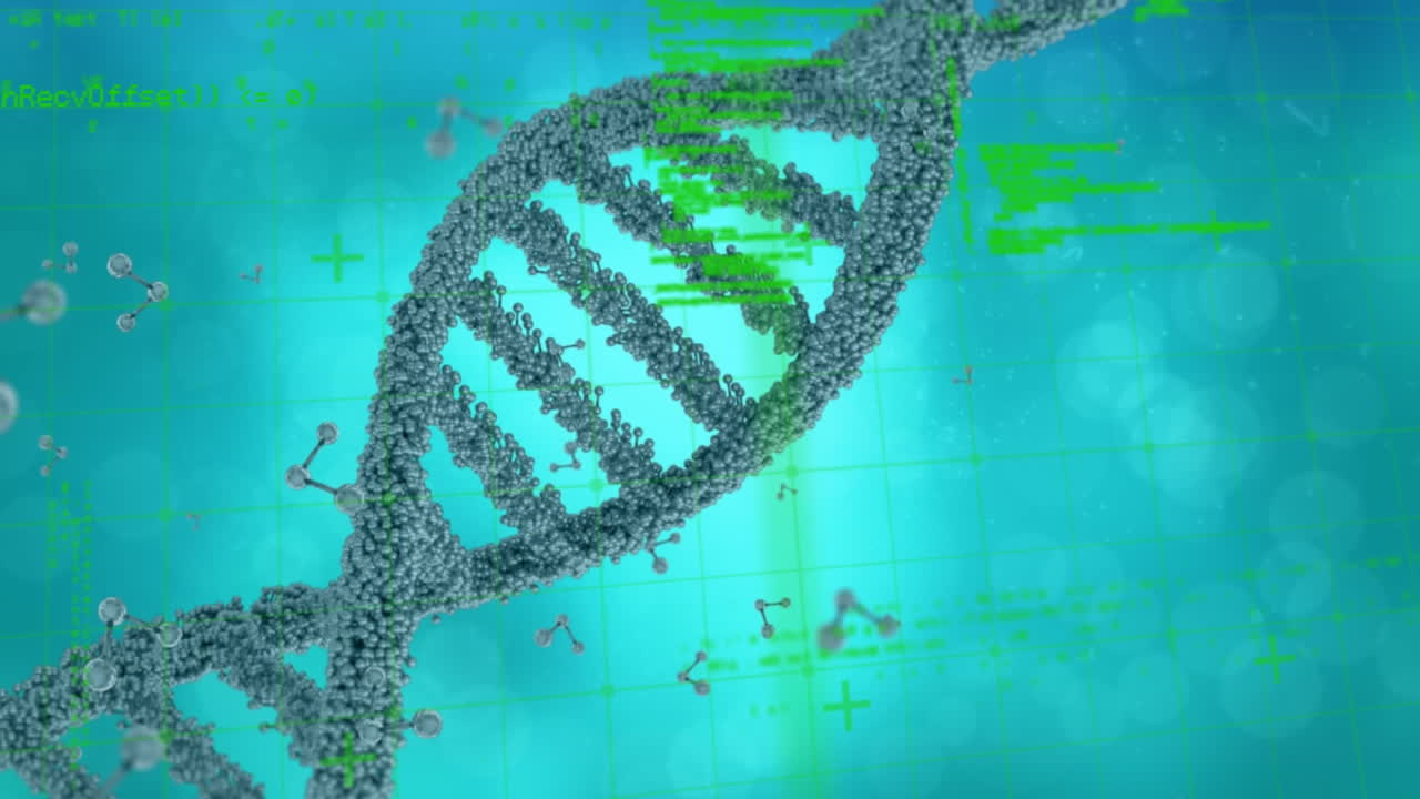 animación del hilado de cadenas de adn y procesamiento de datos médicos