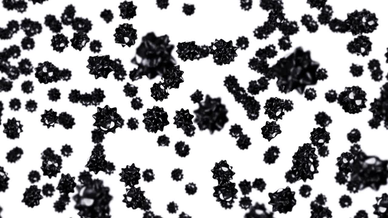 volando muchos virus en personaje de dibujos animados en fondo blanco. concepto médico. divertida mascota de virus negro con enojado. animación de bucle 3d.