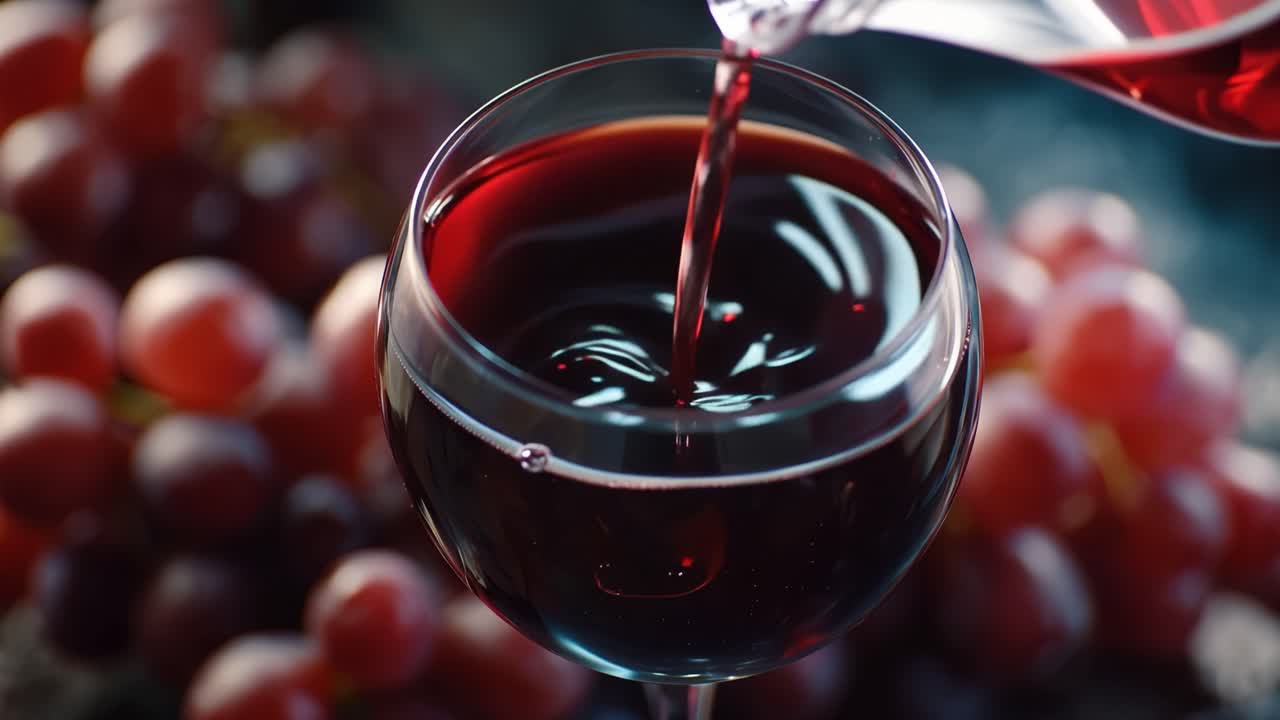 Vino rosso versato in un bicchiere. Grappoli d'uva circondano il bicchiere. Il liquido turbina, catturando la luce ad ogni goccia. La scena evoca eleganza, relax o celebrazione. Perfetto per pubblicità a tema vino.