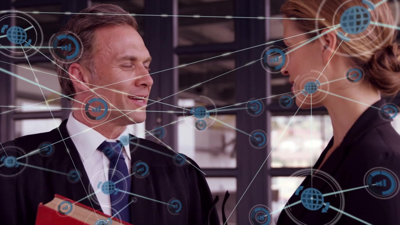 Animazione di una rete di connessioni con icone su persone d'affari in ufficio