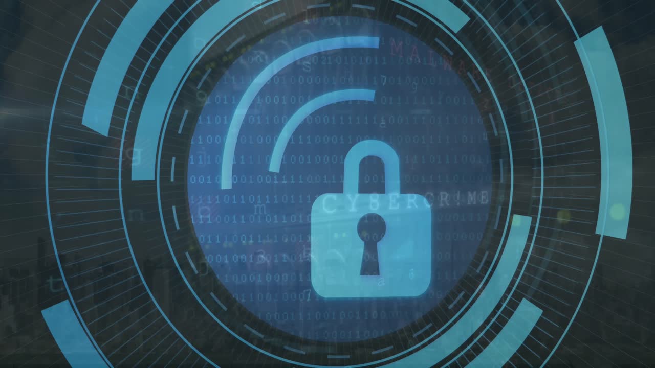 animación del icono del candado de seguridad en el escáner redondo, procesamiento de datos de seguridad cibernética en la sala del servidor