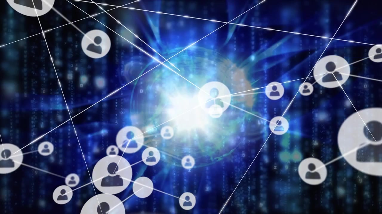 Digital Network Connection with Glowing User Icons and Data Streams