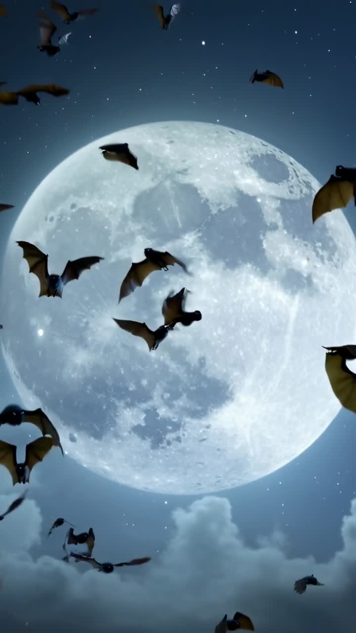 Video verticale: apertura sulla luna piena con pipistrelli che entrano in uno stormo attraversando un cielo stellato con nuvole leggere alla deriva