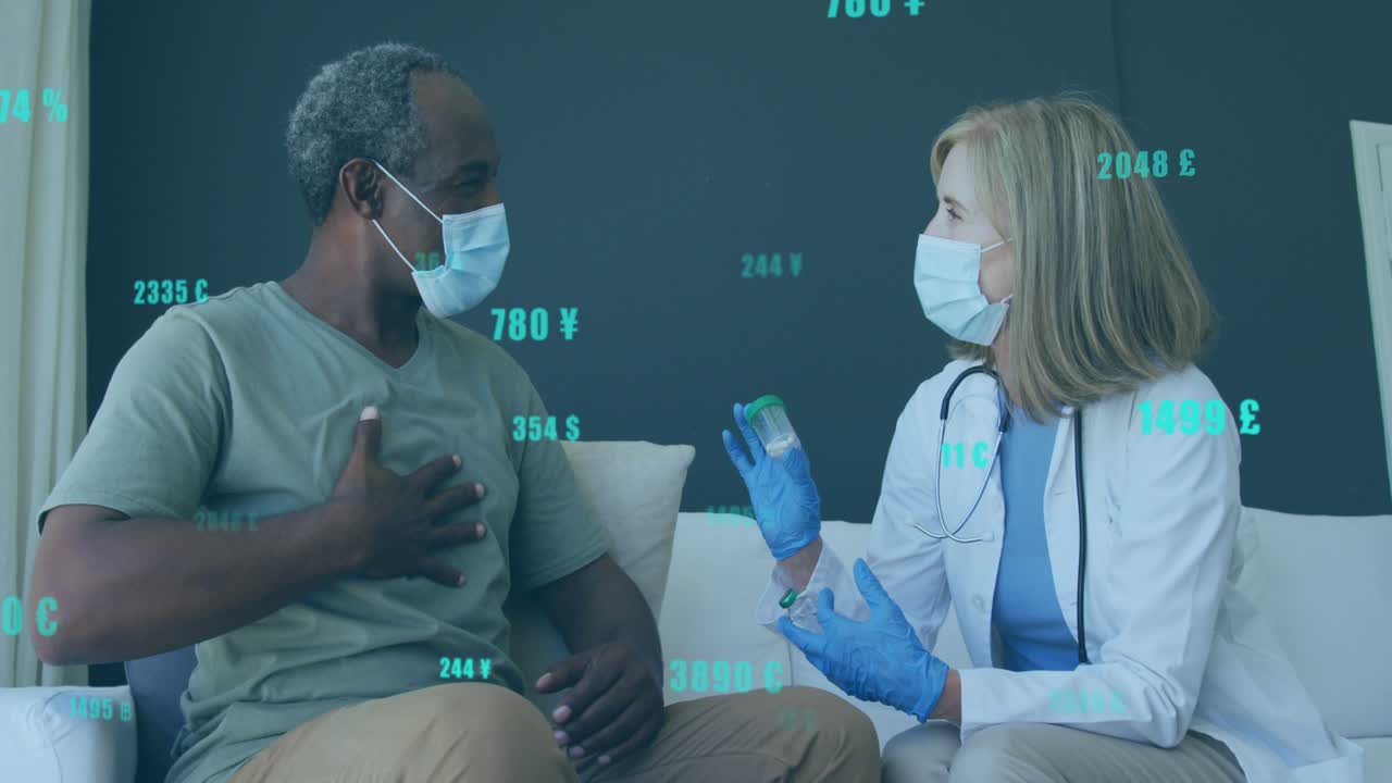 After patient touching chest, doctor demonstrating dose with vial amid floating currency icons