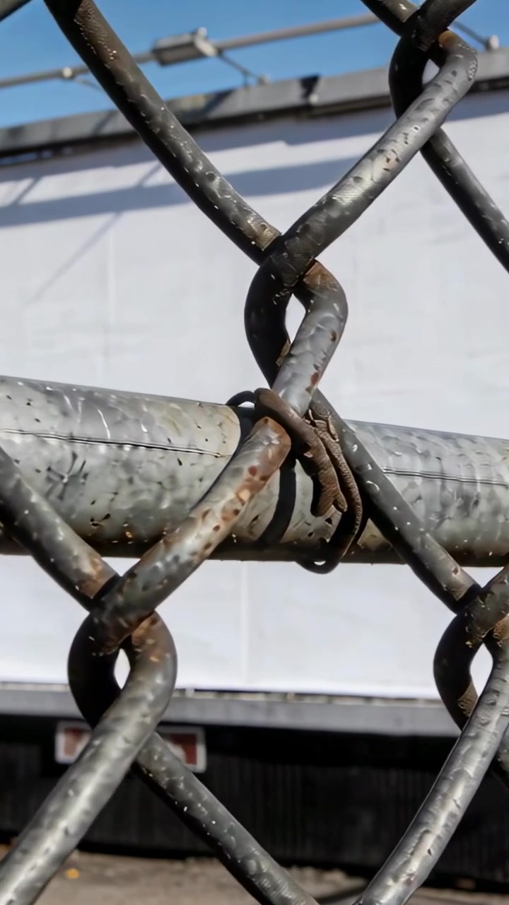 Vertikal video: Telefonkameraet panorerer efter et puf og tjekker en rusten kædeledsklemme ved en hvid væg.