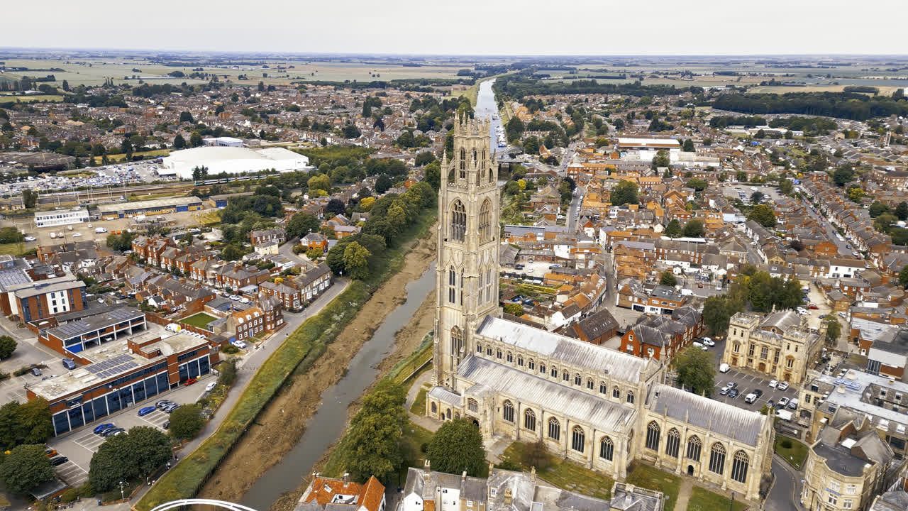scenic beauty of Boston, Lincolnshire, in mesmerizing aerial drone footage: Port, ships, Saint Botolph Church , Saint Botolph's Bridge