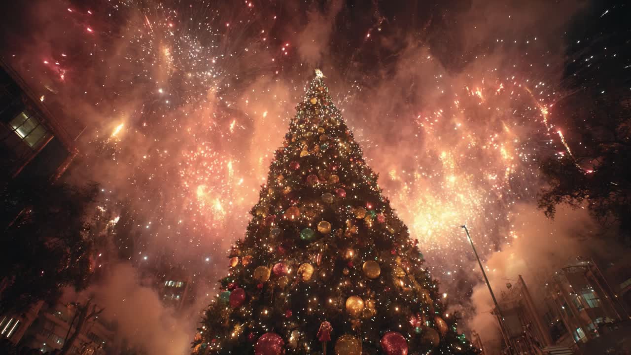 A Stunning Christmas Tree Illuminated by Brilliant Fireworks Celebrating the Holiday Spirit in a Festive Night Scene
