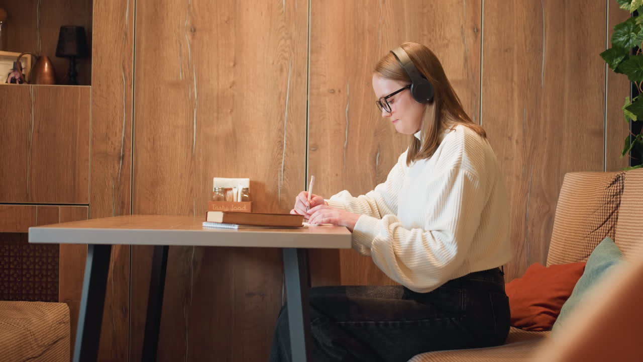 Side view of high school student wearing headset and glasses, gently dancing while writing on notepad, seated in cozy wooden cafe interior with warm tones and modern decor elements