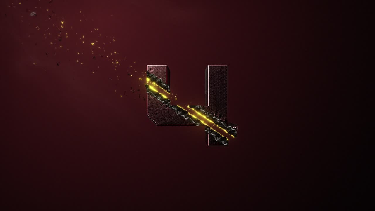High quality 3D animated number Title Card or Chapter graphic, with hi tech sci-fi style 4 digit being zapped and sliced by a high powered laser, on a red background