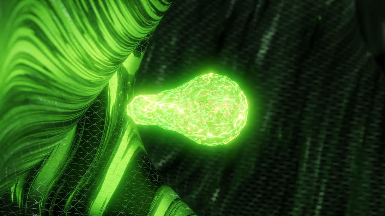 Glowing green light bulb above abstract black and gold metallic surface. Innovation and creative idea concept. Design for poster, banner, wallpaper, header vertical