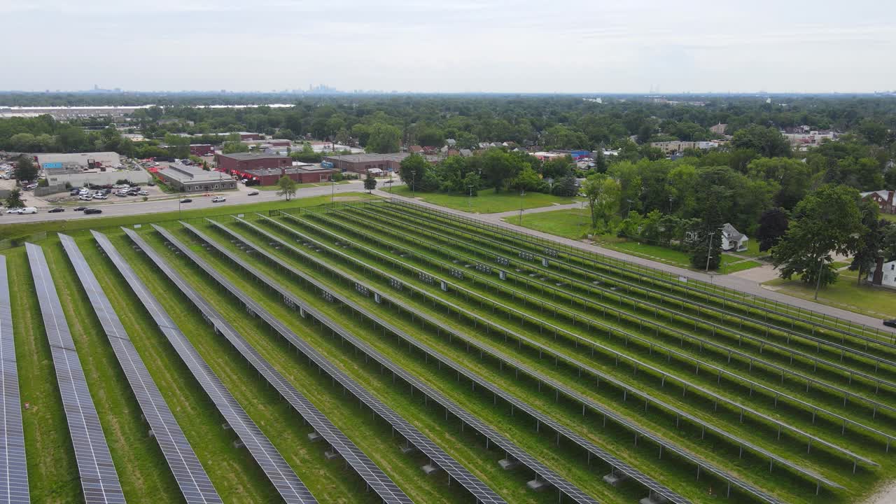 Solar panel array located in Plymouth I-96 neighborhood of Detroit Michigan, USA, providing renewable energy on a large scale