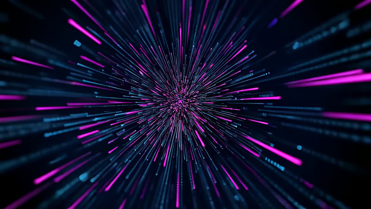 Onset initiating neon data streaks expanding and bursting in digital void, creating tunnel illusion