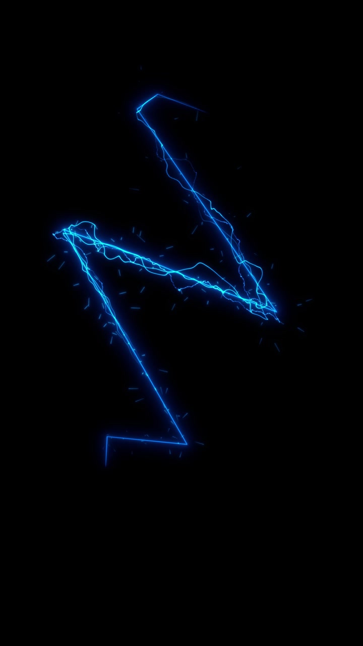 Filamenti blu elettrico tracciano un percorso nell'angolo di una cornice nera con scintille e ampio spazio aperto, drammatico