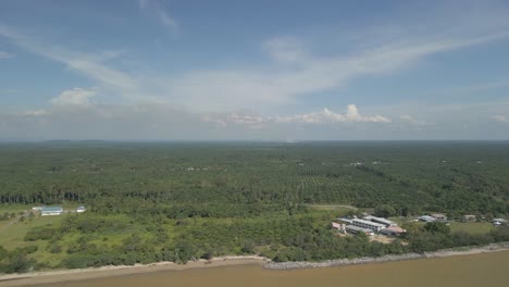 aerial drone view during summer alit fishing village,kabong with, facing open blue sea, white sandy beach,green coconut, palm trees,and river,sarawak,borneo