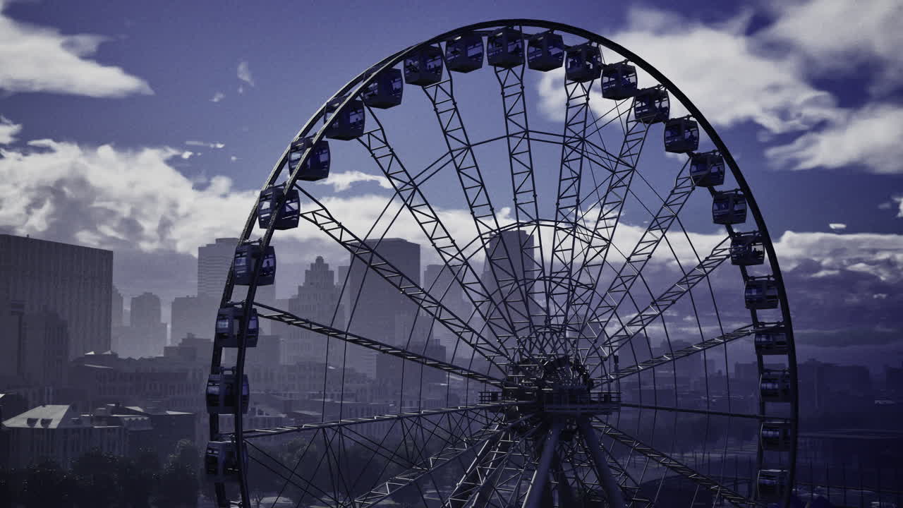 Majestic ferris wheel against a dramatic sky in an urban landscape