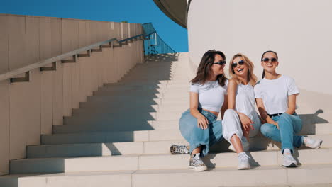 three women friends relaxing on steps