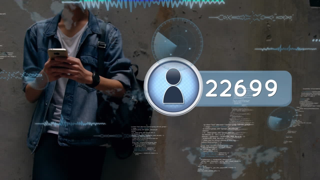 animación de iconos con números crecientes y procesamiento de datos sobre hombres biraciales usando teléfonos inteligentes
