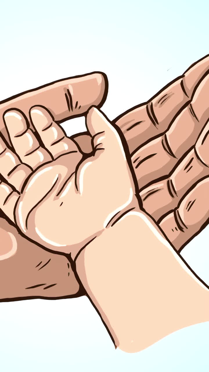 Illustrazione animata di una mano adulta che tiene delicatamente la mano di un bambino