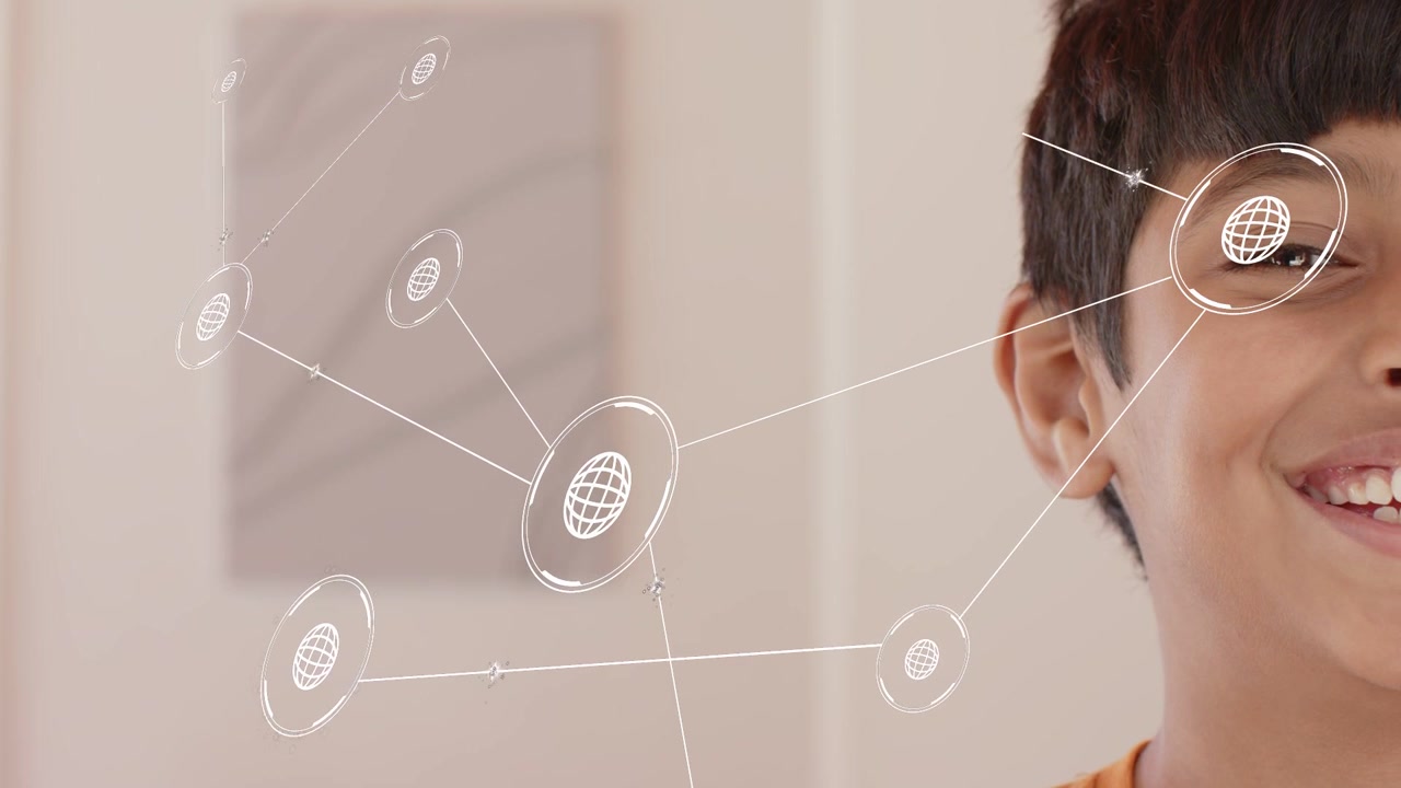 Smiling Young Boy with Animated Global Network Graphics