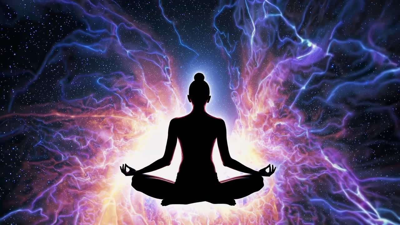 silueta de una mujer meditando en un vórtice de energía cósmica