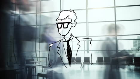 sketch of businessperson animation over busy office workers in motion