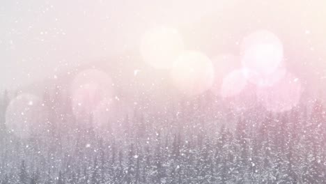 Digitale-Animation-Von-Lichtflecken-Vor-Schnee,-Der-Auf-Eine-Winterlandschaft-Mit-Bergen-Und-Bäumen-Fällt